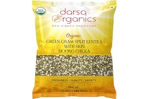 Darsa Organics Mung Split Lentils with Skin, Moong Dal with Skin 2 lb - USDA Organic Green Lentils, Non-GMO, Kosher, Chemical-Free, Protein Rich Organic Split Green Gram, Gluten-Free, Vegan
