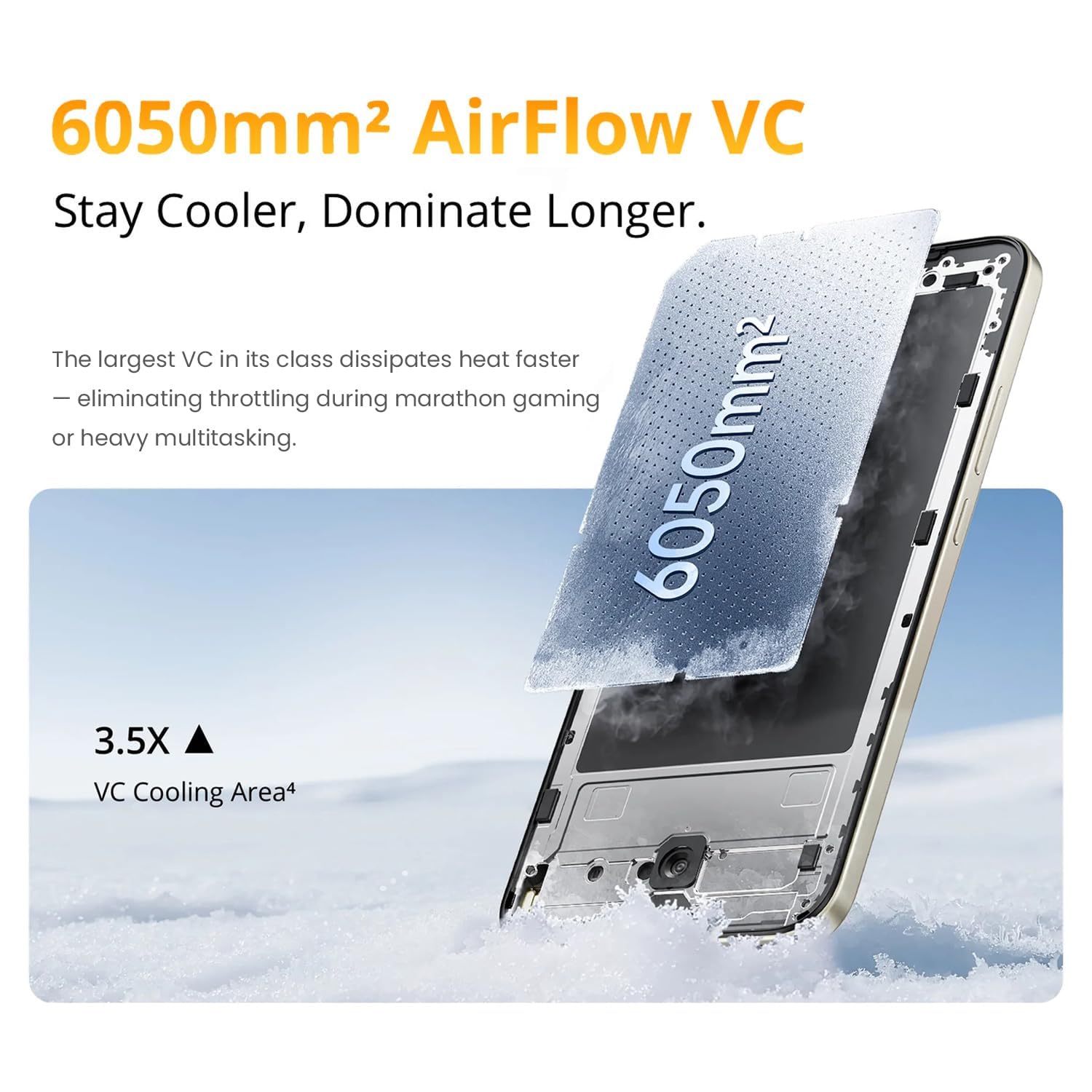 Diagram showing the 6050mm² AirFlow VC cooling system inside the realme 15T 5G smartphone.