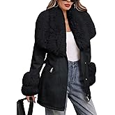 Bellivera Women Faux Leather Jacket Winter Long Sleeve Zip Belt Coat with Fur Collar
