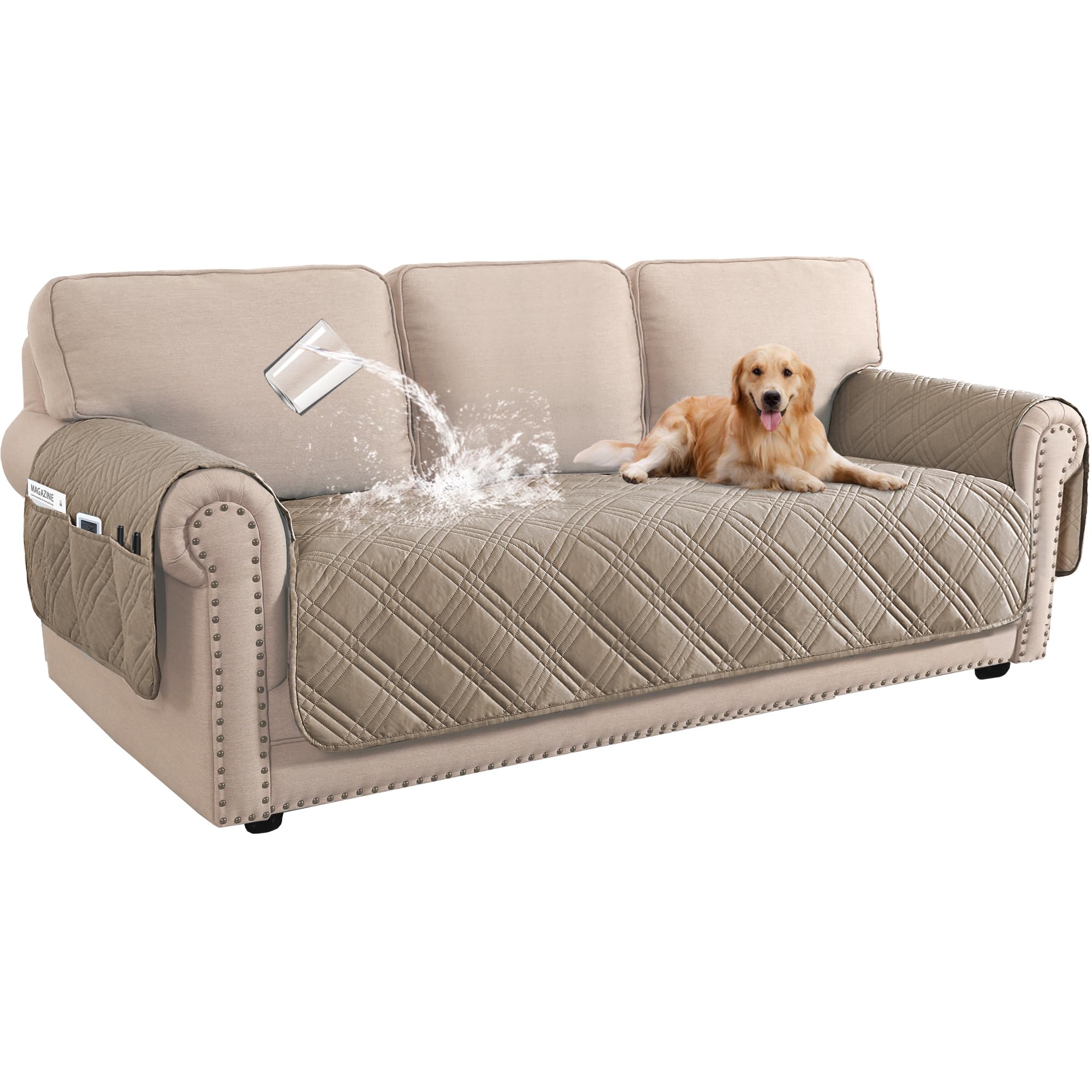 BellaHills 100% Waterproof 3 Seater Sofa Cover - Slipcovers with Side Pocket - Washable Pet Couch Cover - Sofa Protector (Taupe)