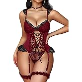 Mixxmix Sexy Lingerie for Women Lace Corset Underwire Bodysuit Teddy with Panty Garter Lingerie Sets Rave Outfits