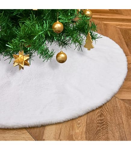 Jupe De Sapin De Noël 122cm Rond - Tapis En Fausse Fourrure Avec Flocons Pour Décoration Festive