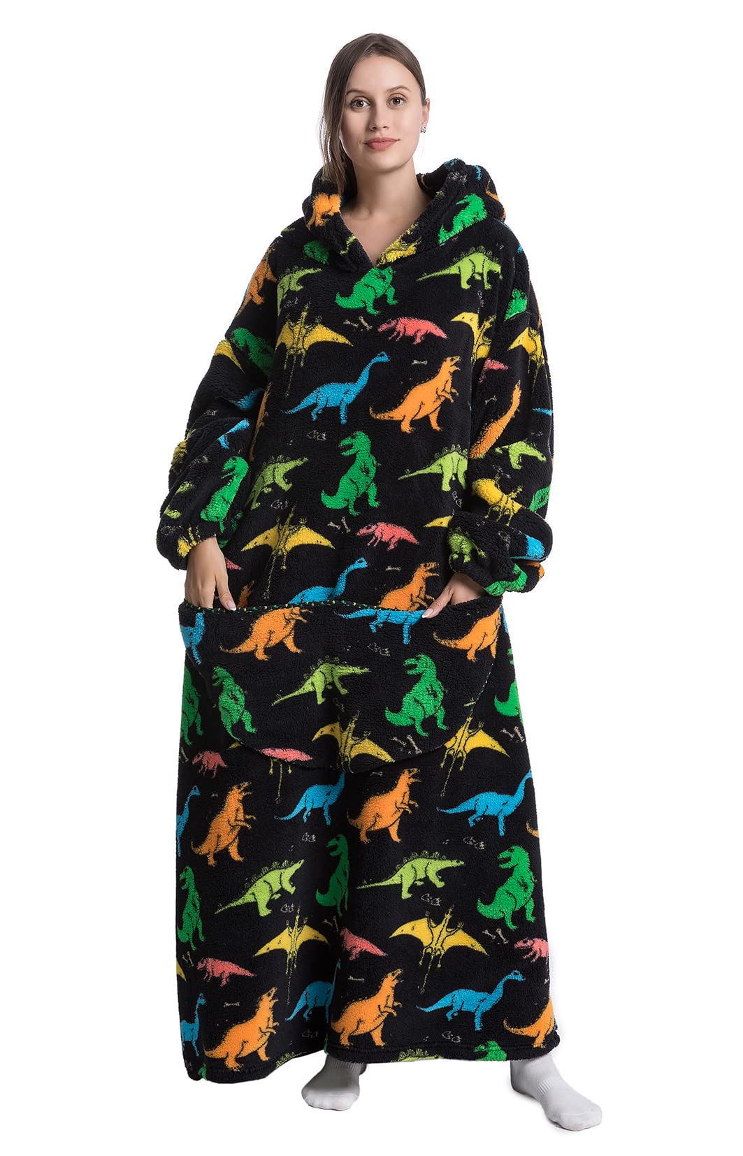 Extra Long Wearable Blanket Hoodie, Oversized Blanket Sweatshirt for Women and Men, Super Warm and Cozy Giant Hooded Blanket with Thick Flannel Material and Giant Pocket (Colorful Dinosaur)
