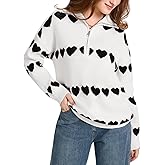 Wyeysyt Heart Sweater for Women Valentines Quarter Zip Sweater Oversized Long Sleeve Knit Pullover Valentine's Day