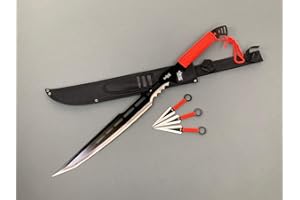 Otakumod 28" Tactical Machete With 6" 3 Fixed Blade Knives Set. 440 Stainless Steel Blade. For Collection, Gift, Outdoor Camping Cut Branches And Ropes (Red)