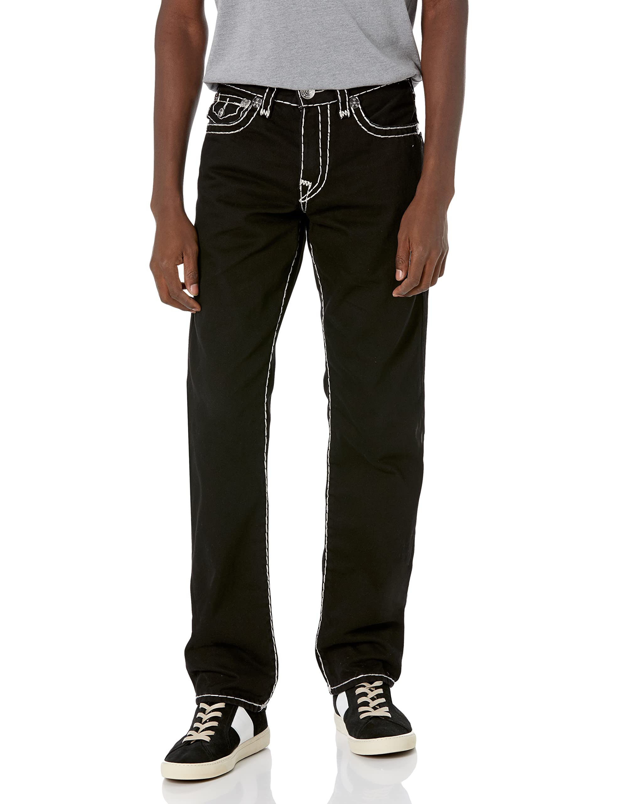True Religion Men’s Ricky Straight Leg Jeans with Back Flap Pockets – Mens Jeans, Body Rinse Black, 33W x 34L