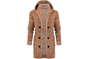 Rkwins Long Hooded Cardigan Men Big and Tall Knit Sweater Horn Button Jacket Sweater Casual Long Sleeve Sweaters with Pockets