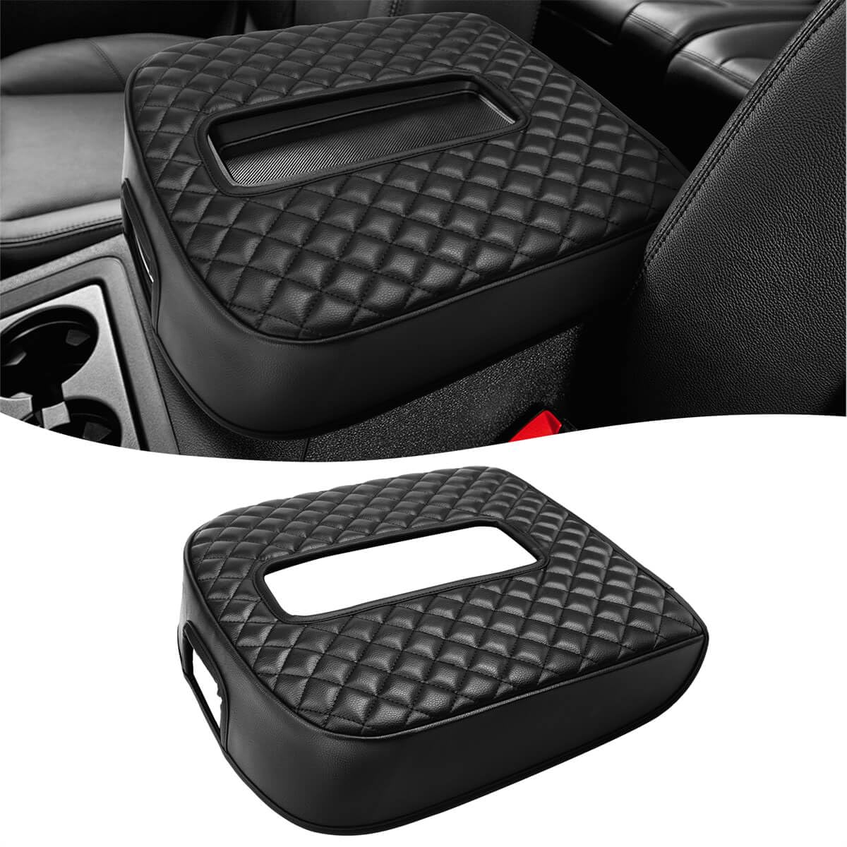 Photo 1 of KBH Center Console Armrest Cover for 2007-2014 Chevy Silverado & Tahoe & Avalanche & Suburban, GMC Sierra & Yukon, Vinyl Leather, Floor Console Bucket Seat, Black