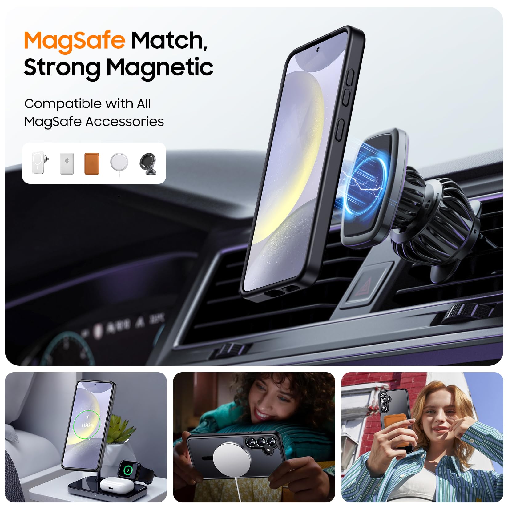 Designed for Magnetic Samsung Galaxy S24 Case,[Compatible with MagSafe] [Military Grade Drop Protection] Slim Translucent Matte Shockproof with Anti-Fingerprint Phone Case-Black