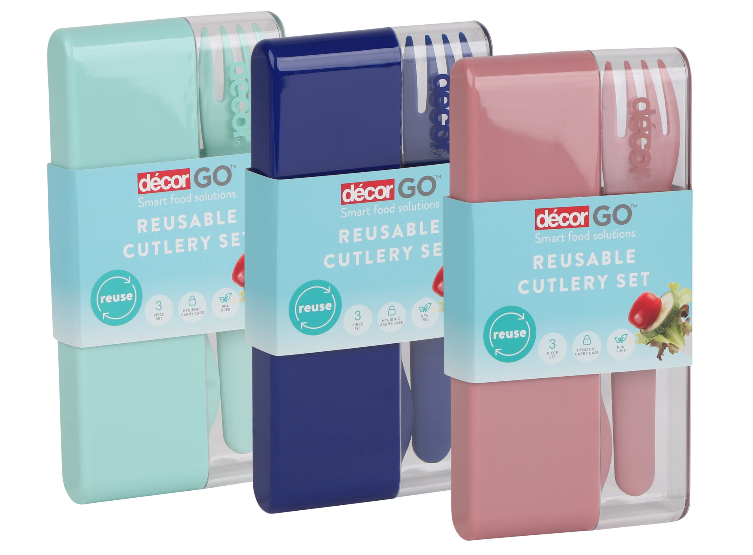 Décor Go Reusable Cutlery Set with Travel Case | Perfect for Camping, Travel & Picnics | 3 Piece Set - Assorted Colours