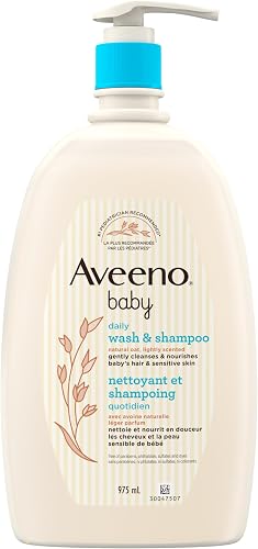 Aveeno Baby Wash and Shampoo - Gentle 2-in-1 Body Wash with Natural Oat Extract for Sensitive Skin - Tear-Free, Hypoallergenic Cleanser, Free from Parabens, Sulfates & Dyes - 975ml