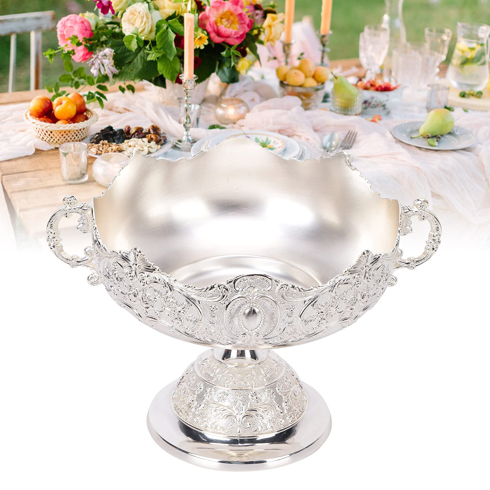 Cyrank Footed Fruit Bowl, Silver Fruits Bowl for Kitchen Counter Fruit Trays for Serving for Party Decorative Plate for Temples Sacrifices Home Decoration