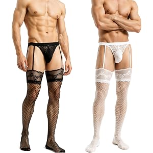Voqvessa 2-Pack Men's Fishnet Stockings Pantyhose Suspender Tights | Lace Top Garter Style Stretch Tights for Costume, Party,