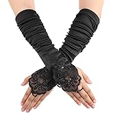Giantree 1 pair Women 20s Fingerless Satin Gloves, Black Long Opera Gloves with Finger Loops, Formal Bridal Banquet Party Wedding Opera Colorful Mitten, for Women Theme Party Halloween Costume (Black)