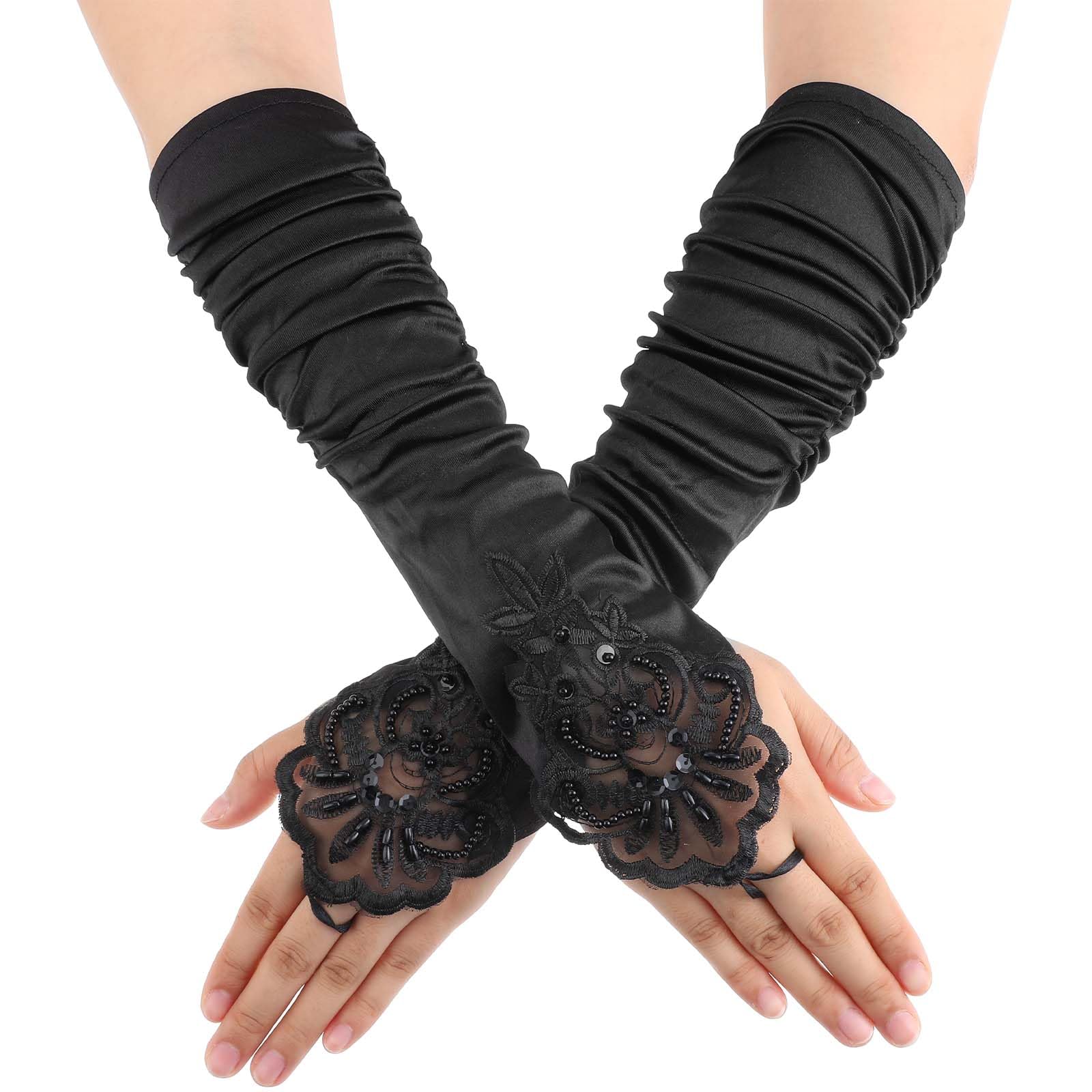 Giantree 1 pair Women 20s Fingerless Satin Gloves, Black Long Opera Gloves with Finger Loops, Formal Bridal Banquet Party Wedding Opera Colorful Mitten, for Women Theme Party Halloween Costume (Black)