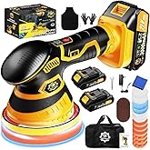 Niusken Cordless Car Buffer Polisher kit [2X 2000mAh 21V Batteries & 18 PCS Attachments] 6-Speed Orbital Design, LED Display, Lightweight Detailing Tool for Waxing, Polishing & Scratch Removal-Yellow