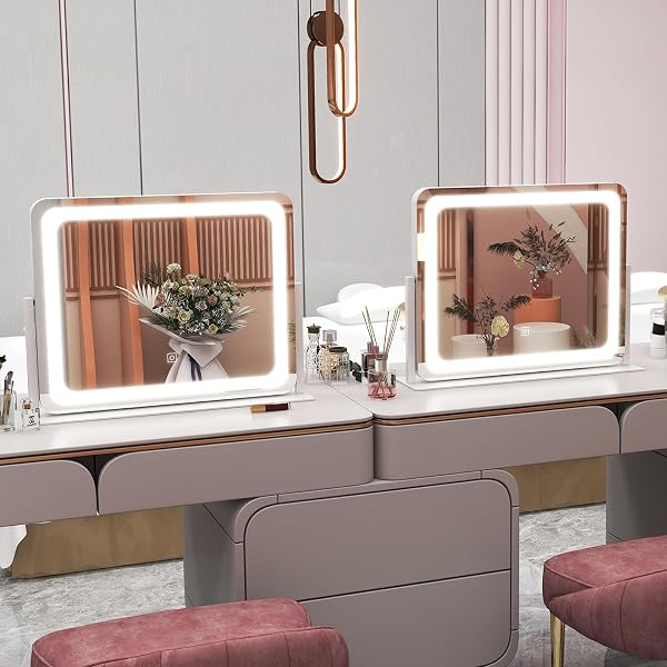 ROLOVE 22X17 INCH LIGHTED VANITY MIRROR WITH DIMMABLE LED LIGHTS – 3 COLOR MODES, SMART TOUCH CONTROL & 360° ROTATING BASE – DESK MAKEUP MIRROR (WHITE)