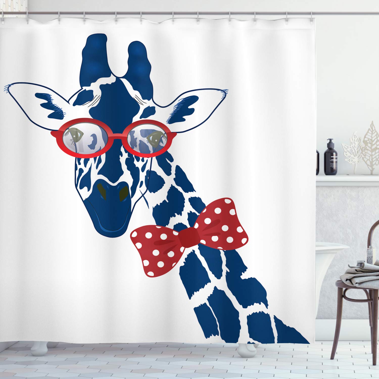 ABAKUHAUS Giraffe Shower Curtain, Hipster Animal Neck Bowtie and Nerd Glasses Cartoon Fauna Composition, Cloth Fabric Bathroom Decor Set with Hooks, 70 Inches, Blue Vermilion and White