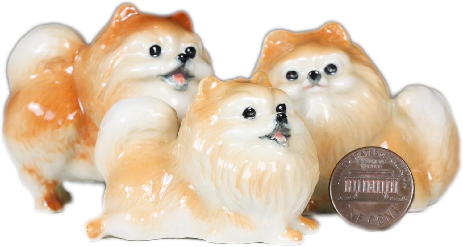 3 Pomeranian Dogs Puppy Miniature Animal Statue Pottery Figurine Ceramic (2")
