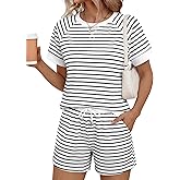 LOMON Women's 2 Piece Short Sets Summer Crew Neck Short Sleeve Matching Sets Outfits with Pockets
