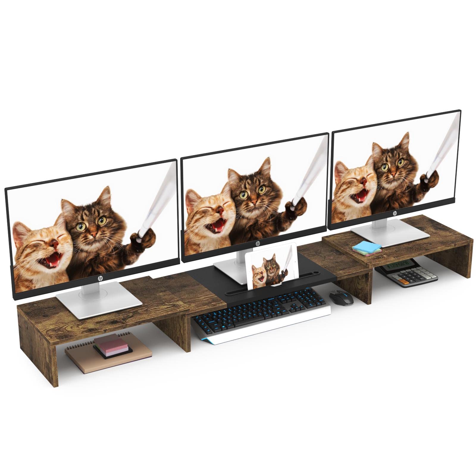 thumbnail image 2 of Triple Monitor Stand Riser - Adjustable Desk Organizer For 3 Screens With Storage Shelf 2 of 14