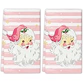 Qilerongrong Xmas Santa Claus Kitchen Dish Towels, 2 PC Winter Christmas Decoration Hand Towels, Snowflake Pink Stripes Tea Towels, 26x18 Inch Hand Towels for Cooking Baking