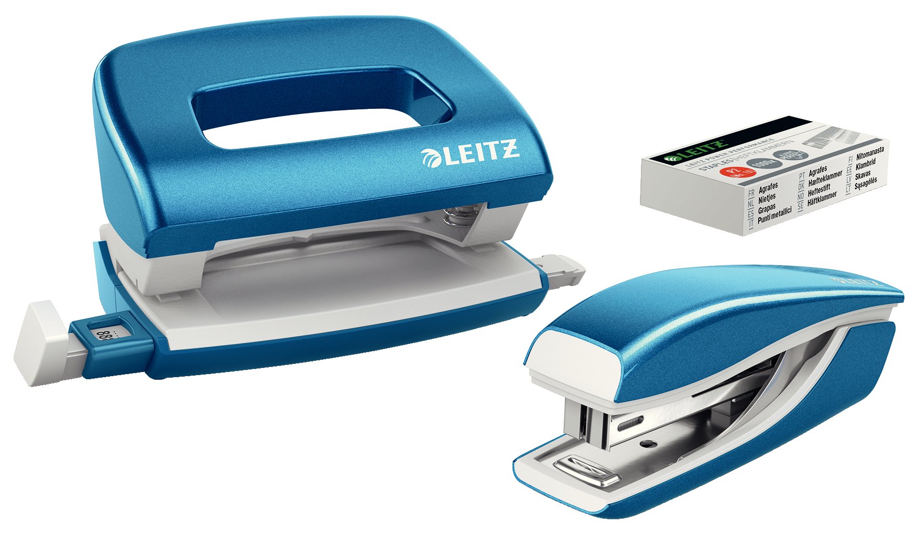 Leitz 55612036 Mini Stapler and Hole Punch Set, Staple or Punch Up to 10 Sheets, Includes P2 N°10 Staples, WOW Range, Metallic Blue
