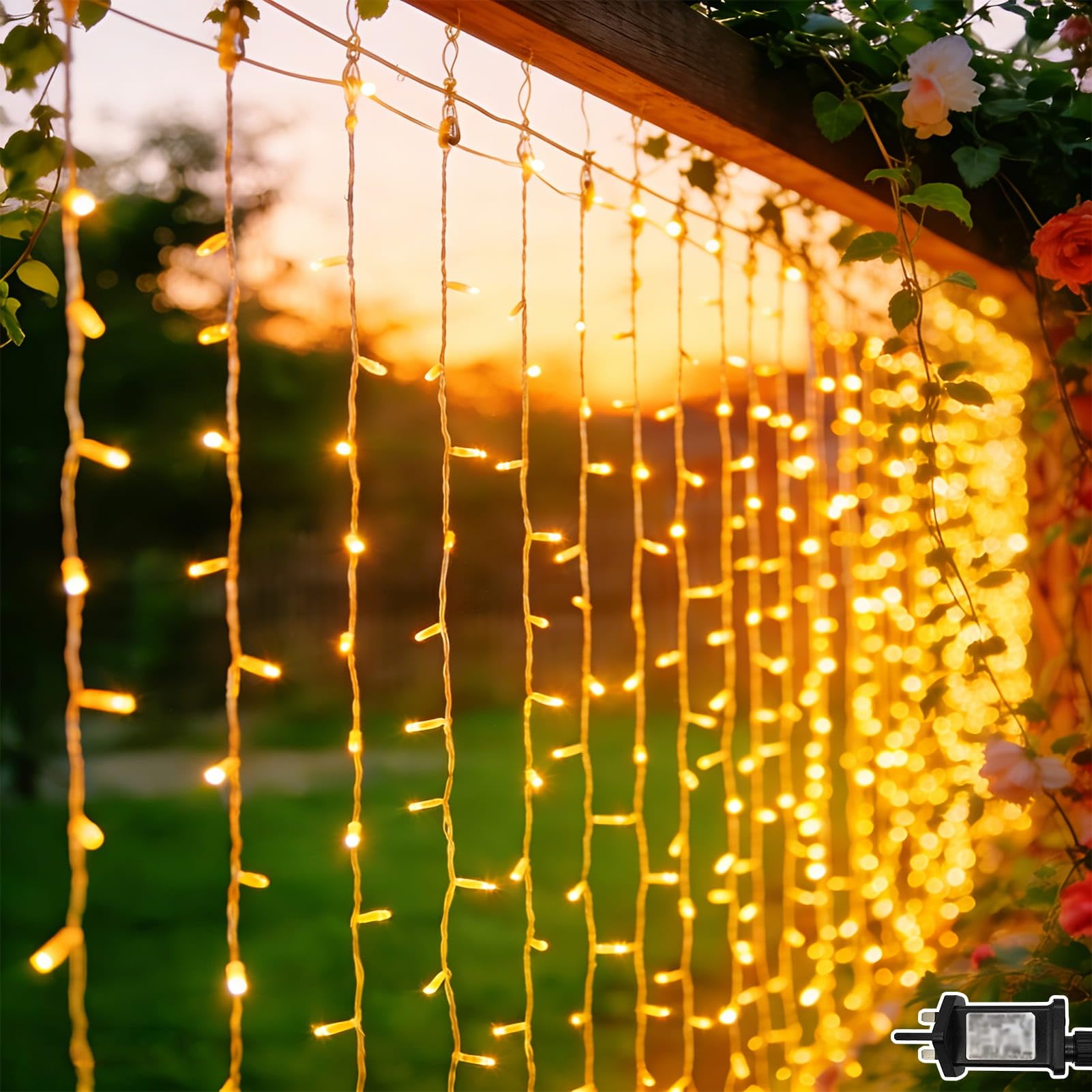 Dekofun 6M x 3M Curtain Lights Plug in, 600 LED Curtain Fairy Lights with Timer, Connectable, Waterproof Hanging Waterfall Fairy Light for Wall Gazebo Garden Pergola Patio Indoor Outdoor Decorations