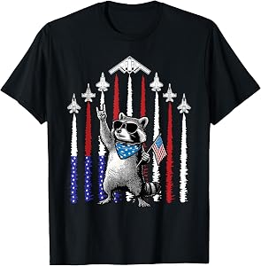 4th of July USA Flag Fighter Jets Raccoon Funny Patriotic T-Shirt