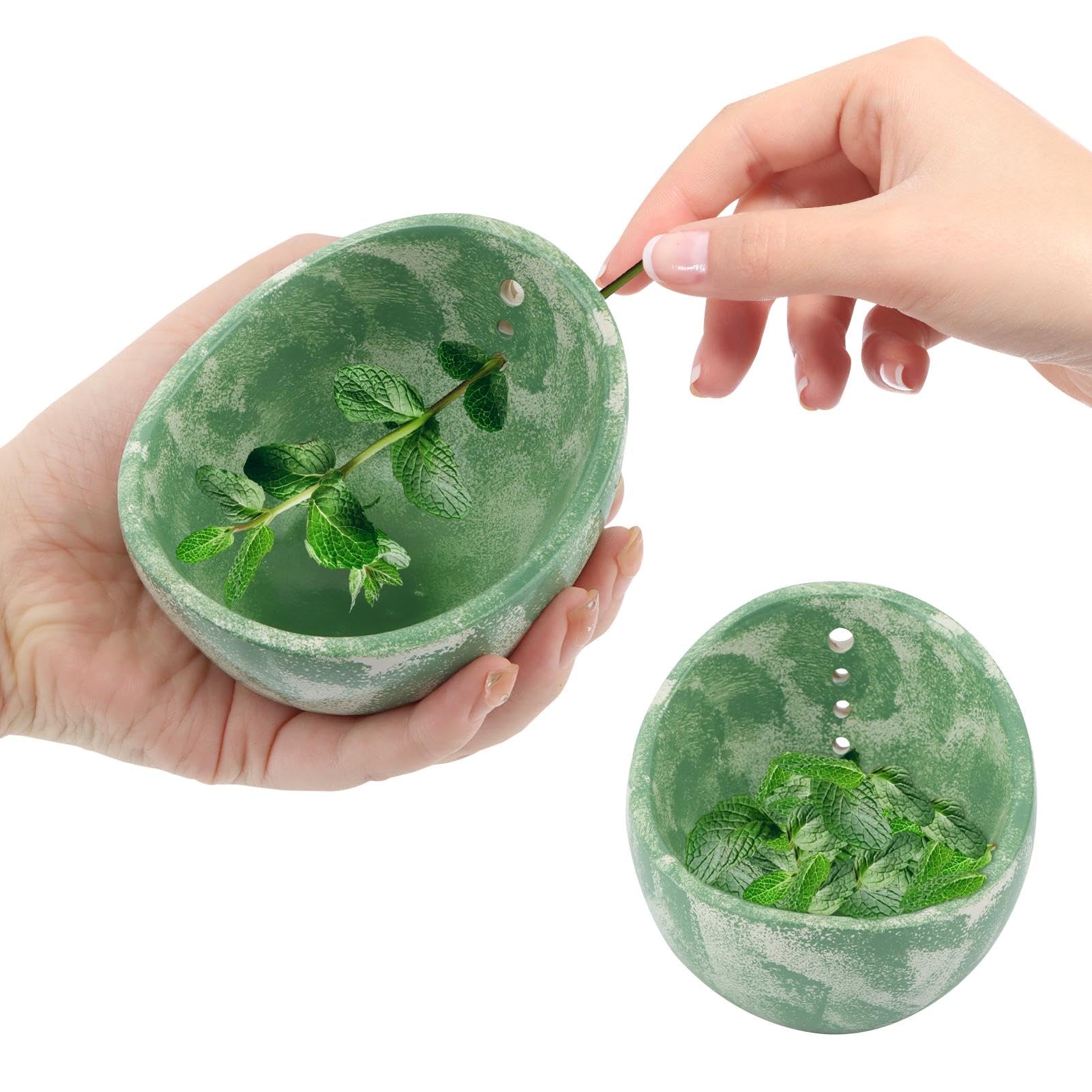 Pottery Herb Stripper Bowl, Handmade Ceramic Herb Peeling Cup with Different Hole Sizes for Separating Leaves and Stems(Color:Green)