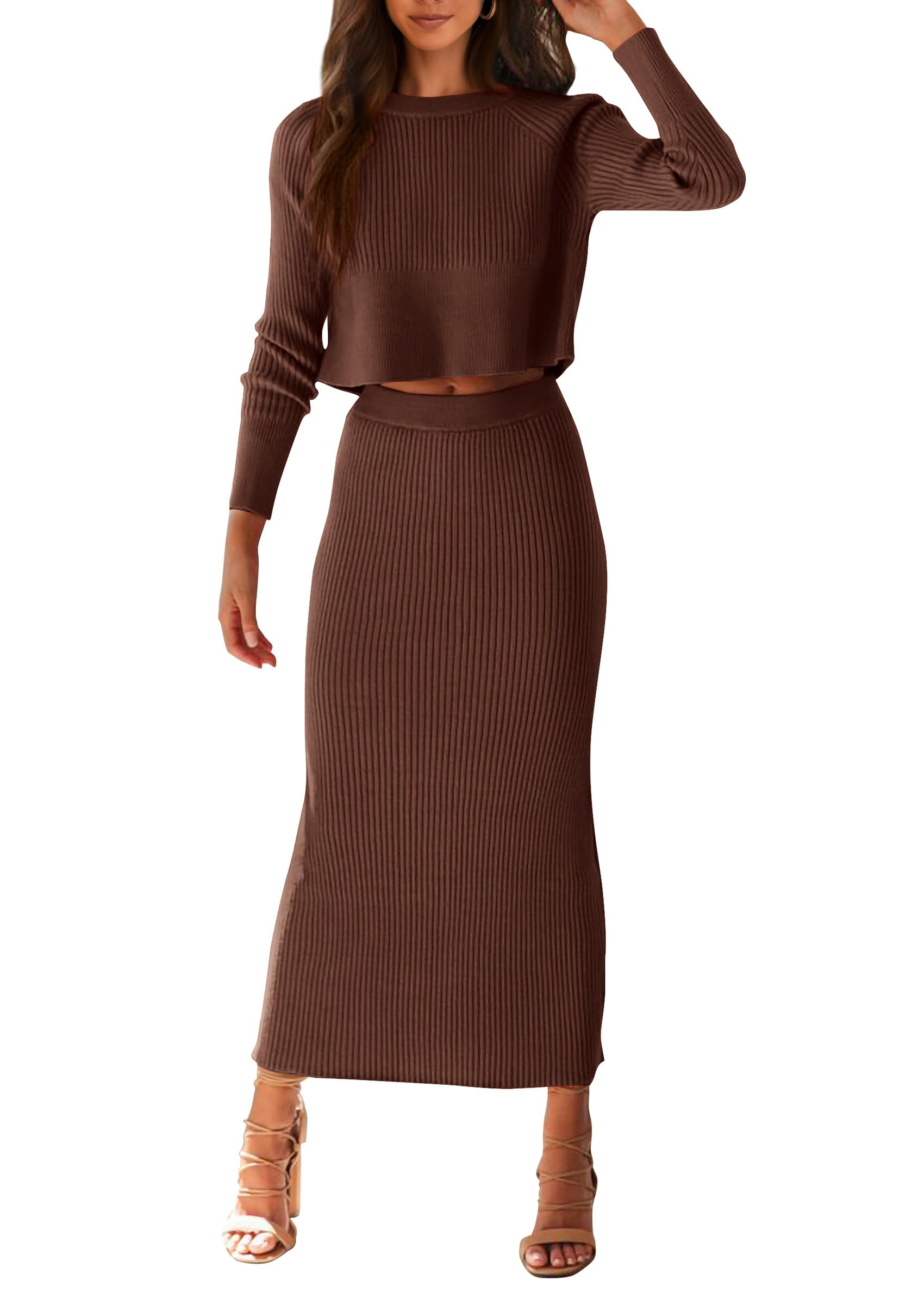 Photo 1 of PRETTYGARDEN Women's Spring Fall 2 Piece Sweater Set Rib Knit Long Sleeve Crop Top Maxi Bodycon Skirt Casual Winter Outfits (Coffee,Medium)