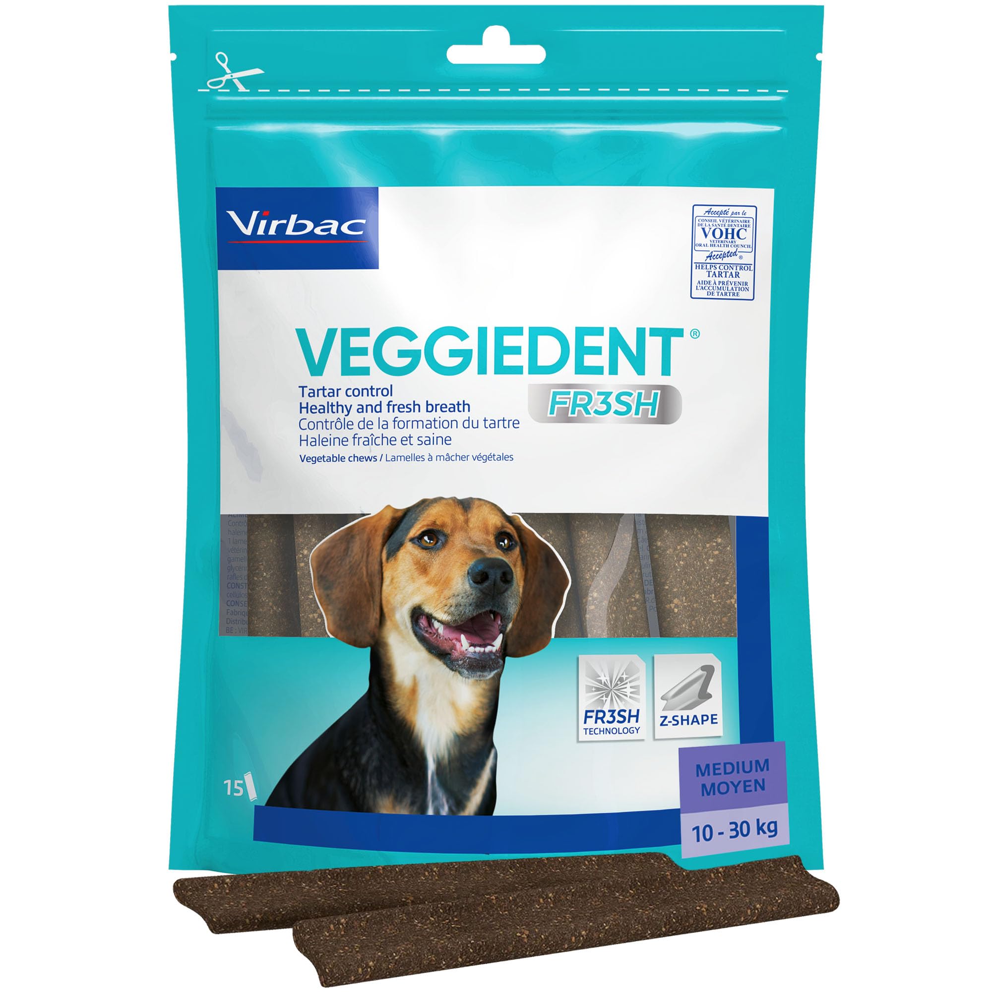 Virbac Veggiedent FR3SH Dog Dental Chews - Dog Teeth Cleaning and Breath Freshening Treats for Medium Size Breeds and Puppies 10-30kg - 15 Chews