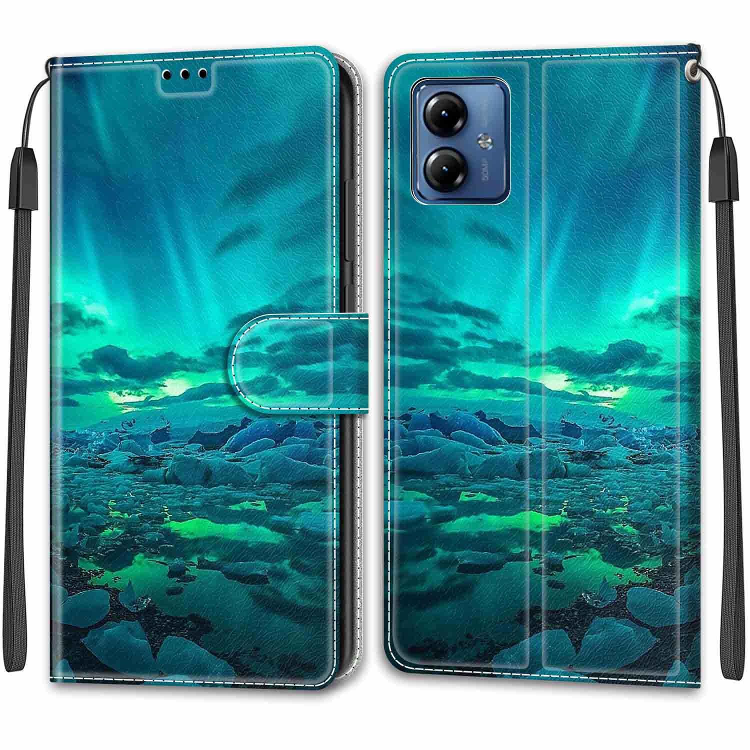 for Motorola Moto G14 Case, PU Leather Wallet Book Flip Folio Stand View Cover Pouch Compatible with Motorola Moto G14 Phone Case - Floating ice