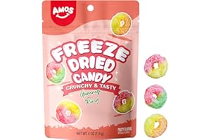 Amos Freeze Dried Gummy Rings, Premium Crunchy Fruit-Flavored Candy, Fat-Free & Gluten-Free, Resealable 4oz Bag Crunch Snack Treats