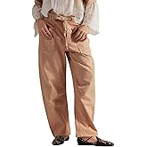 Mewunan Womens Pull-On Barrel Jeans Mid-Low Rise Boyfriend Drawstring Ankle Baggy Elastic Waist Stretchy Boho Denim Pants