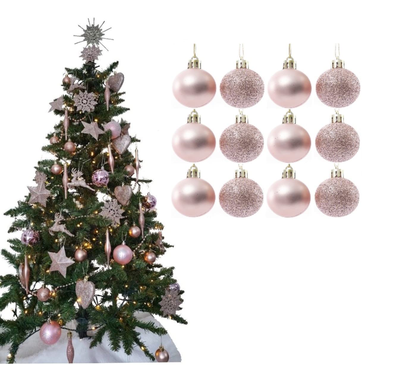 Simply Products Christmas Tree Decoration Baubles 3.8cm - Great Christmas Tree Hanging Ball Decorations, Matte & Glitter Baubles Pack of 12-3.8cm (Rose Gold Matte & Glitter)