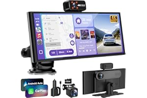 TUIFAC CarPlay Screen for Car Tablet Android Auto Smart Screen for Car, 4K Dash Cam Portable Car Play with 3 Channel Camera Backup Camera,10.26” Wireless Display FM Radio Stereo Bluetooth 5.2, 32GB Black