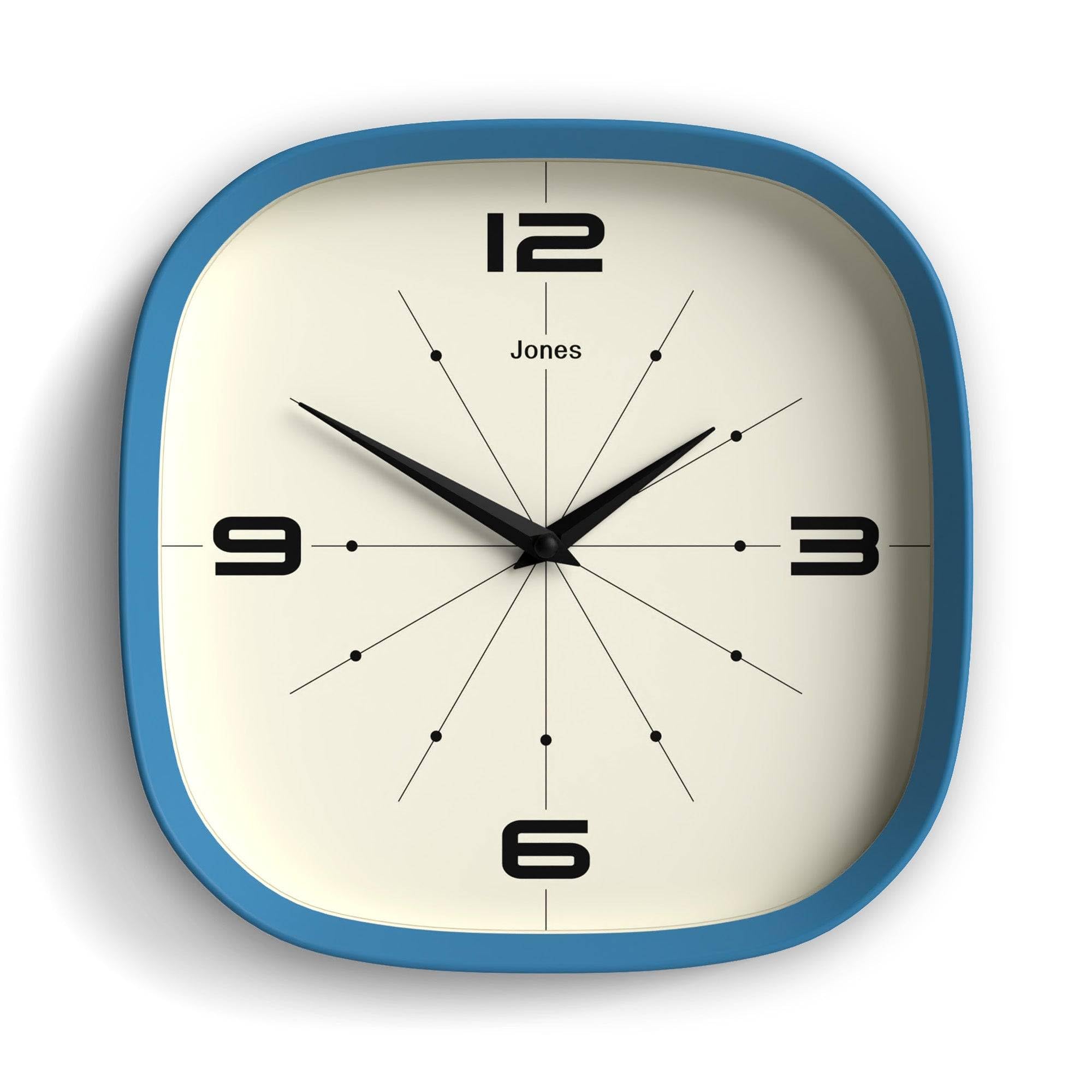 Jones Clocks® Pulsar wall clock | Retro rounded square clock | 25cm | Blue | Cool designer look for kitchen, living room or office