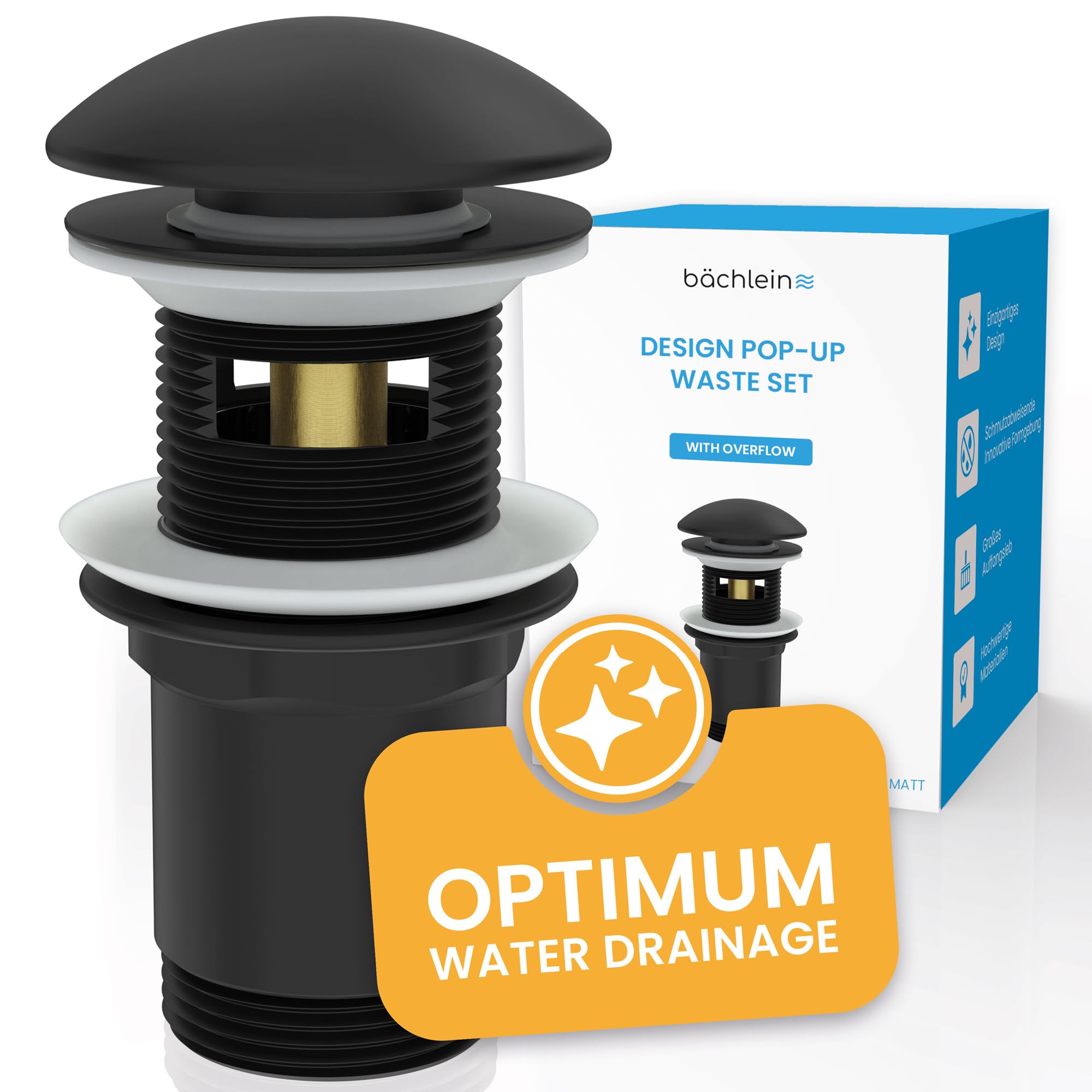 Bächlein Designer Drain Fitting with Overflow Matt Black