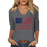 Scgirl Womens 3/4 V Neck Sleeve American Flag Shirts 4th of July Summer Shirts Graphic Tops