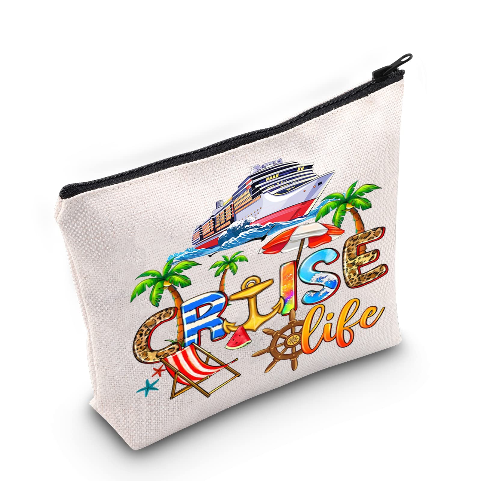 LEVLO Cruise Trip Cosmetic Makeup Bag - Multicolour Canvas Cosmetic Case - Zipper Closure - Perfect for Travel & Cruise Vacation - Unisex-Adult