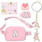 6 Pcs Teen Girl Gifts Trendy Stuff, Monogrammed Fanny Pack for Girl with Keychain, Necklace, Cup Charm, Greeting Card and Gift Box, Birthday Gifts for 4 5 6 7 8 9 10 11 12 13 Year Old Girls (A, Pink)