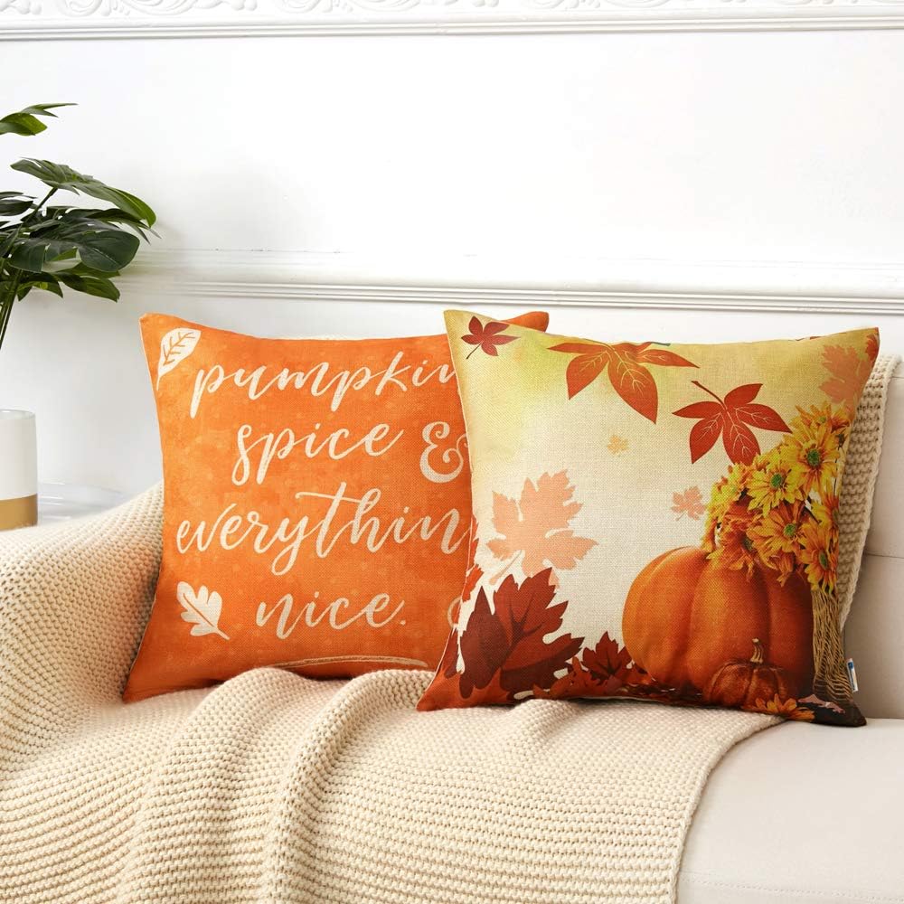 Fall Pillow Covers 18x18 Inch for Fall Decor Set of 4 Autumn Harvest Pumpkin Theme Farmhouse Decorative Throw Pillow Covers for Sofa Couch Home Decoration: Kitchen & Dining