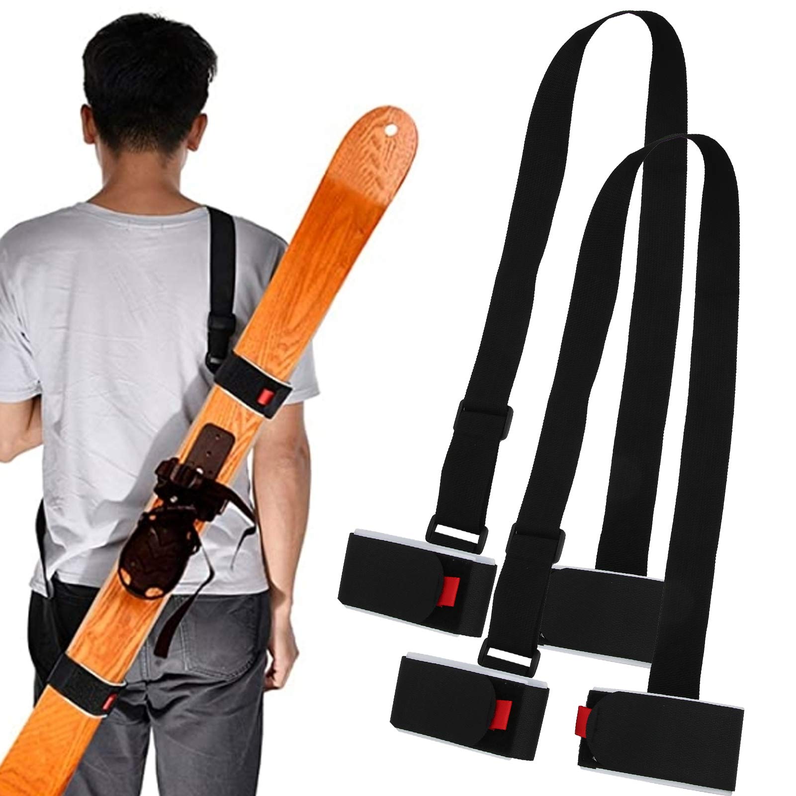Ski Board Snowboard Back Shoulder Carry Strap Set, 2Pcs Ski and Pole Carrier Straps, Adjustable Ski Back Shoulder Straps Ski Bag Accessories with Handle Fixing Belt 43.3x1.4 inch
