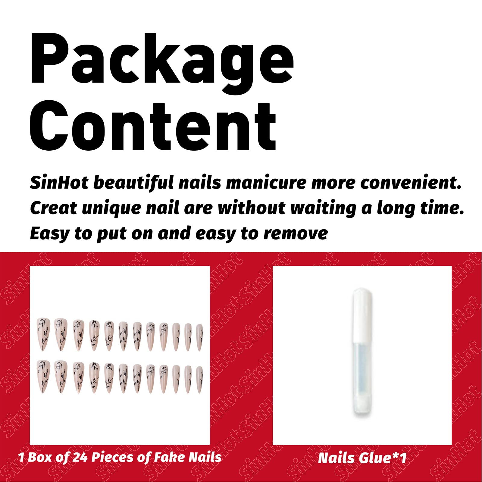 SINHOT Stiletto Press on Nails Extra Long Fake Nails with Glue Glossy False Nails with Black Leaves Designs Full Cover Almond Acrylic Nails 24pcs - Image 6