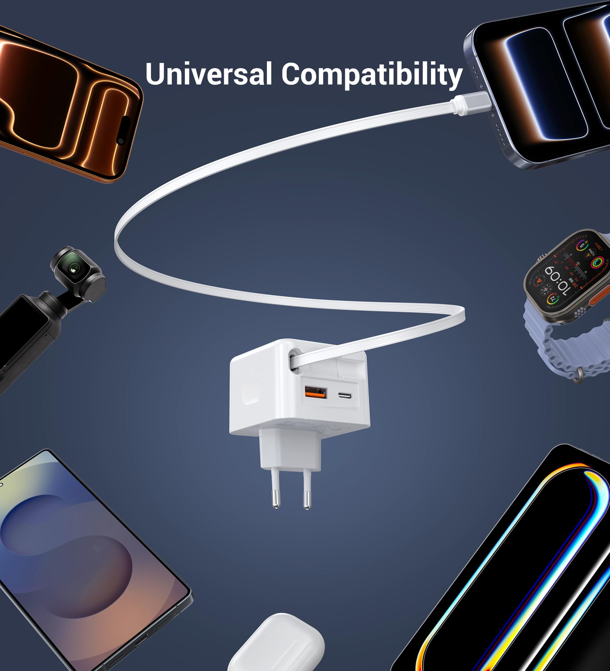 40W USB C Ladegerät mit Einziehbarem Kabel, 3-Port Schnellladegerät PD Netzteil USB C Adapter, Tragbarer Ladestecker für iPhone 17/16/15/14 Pro Max, Galaxy S25/S24/S22, iPad, Switch, Handys usw 5