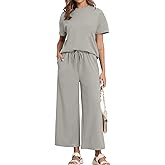 COSSEN Women’s 2 Piece Pajamas Set Ribbed Knit Loungewear Casual Outfits 3/4 Sleeve Tops and Wide Leg Pants Set