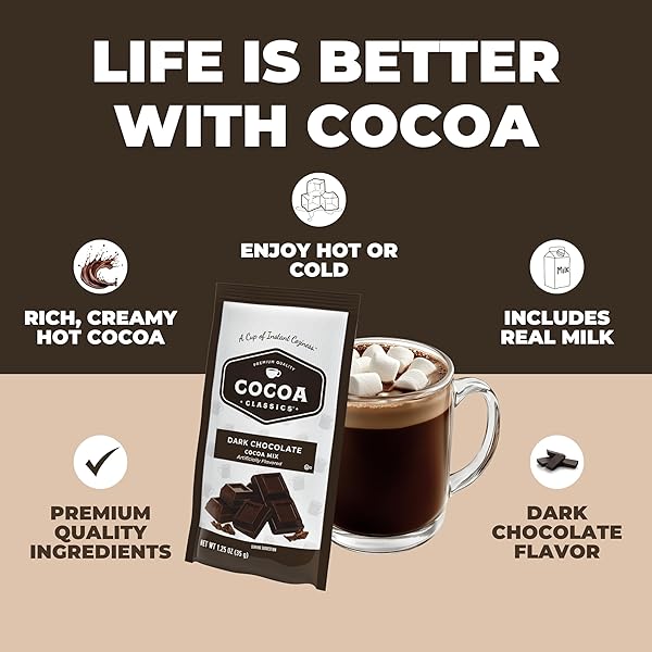 COCOA CLASSICS DARK CHOCOLATE COCOA MIX, SWEET, SMOOTH, INTENSE DARK CHOCOLATE FLAVORED, MAKE HOT OR ICED COCOA, GLUTEN FREE, KOSHER DAIRY FRIENDLY, 1.25OZ PACKETS (PACK OF 12)