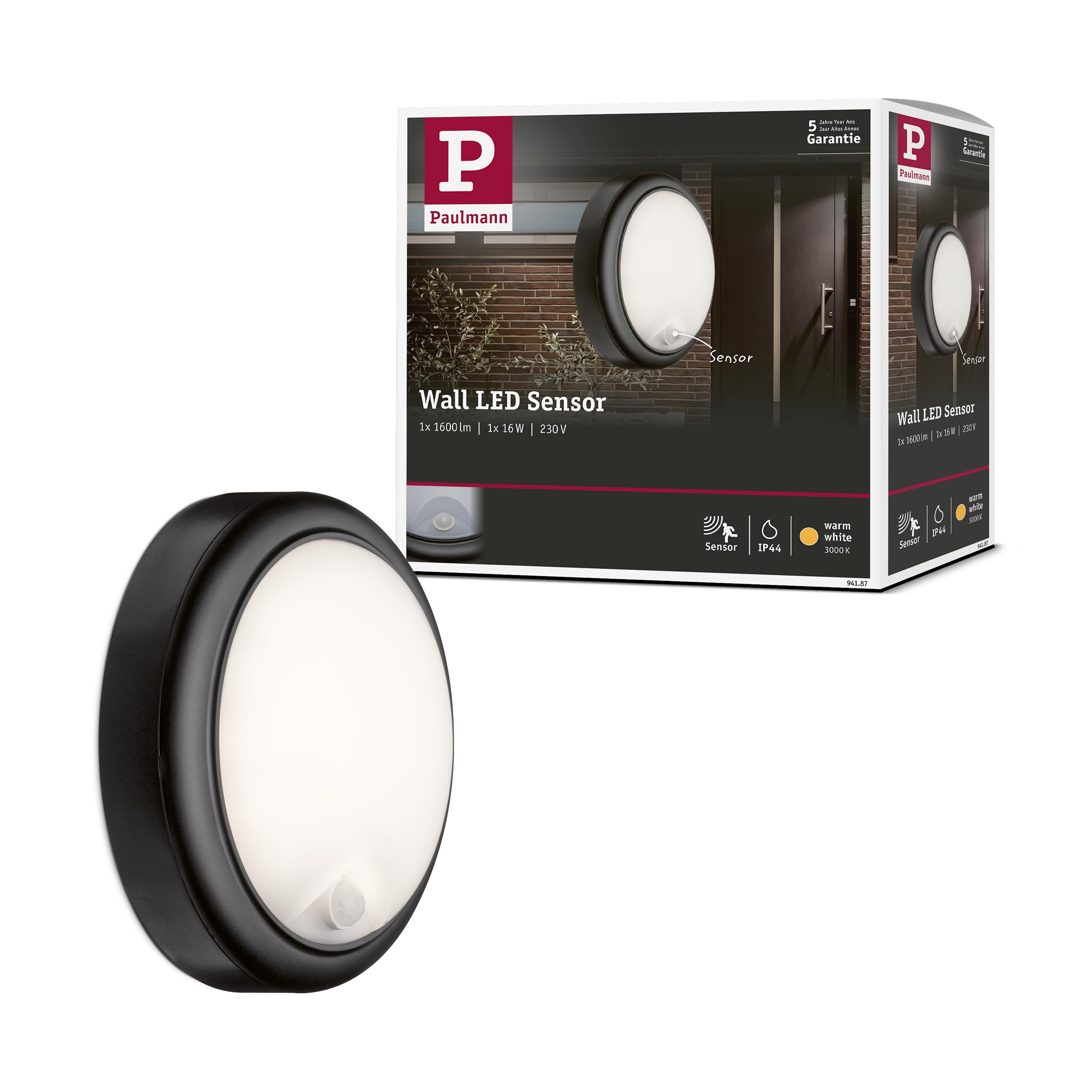 Paulmann 94187 Outdoor 230V Wall luminaire Motion Sensor IP44 Splash-Water Protected Wall lamp 15W 3000K Warm White Wall Spotlight Plastic Grey
