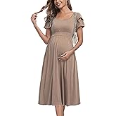 Ruffle Short Sleeve Maternity Dress High Waisted Midi Spring Baby Shower Dresses